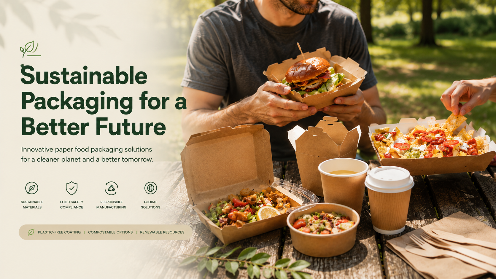 People using sustainable paper food packaging outdoors
